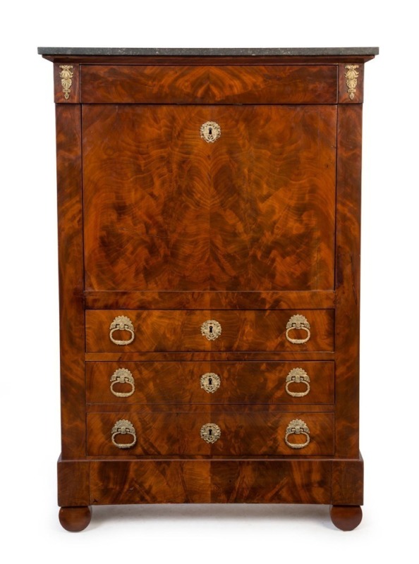 A French escritoire fall-front desk in mahogany with ormolu mounts and black marble top, 19th century, ​​​​​​​142cm high, 94cm wide, 41cm deep