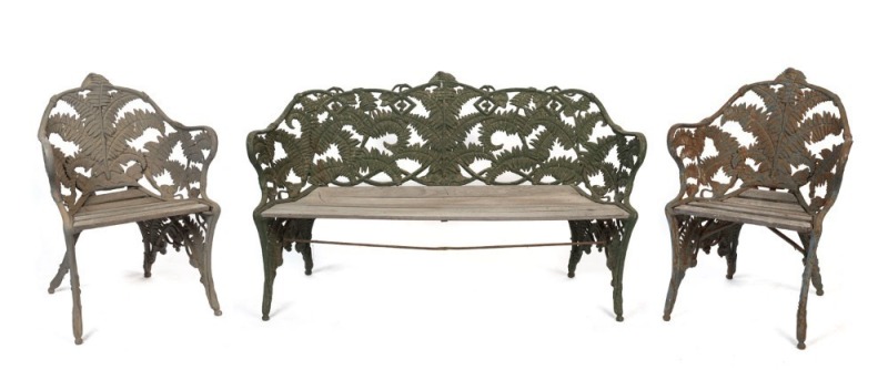 COALBROOKDALE style "FERN" pattern cast metal garden seat and two armchairs (one cast-iron), 19th and 20th century, the settee 151cm across the arms