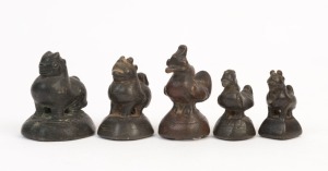 Five assorted Burmese antique zoomorphic bronze opium weights, 19th/20th century, the largest 5.5cm high