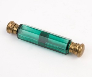 An antique green glass double ended scent bottle, 19th century, 10.5cm long