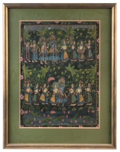 Antique Indian painting on silk, 19th/20th century, 55 x 40cm, 75 x 58cm overall
