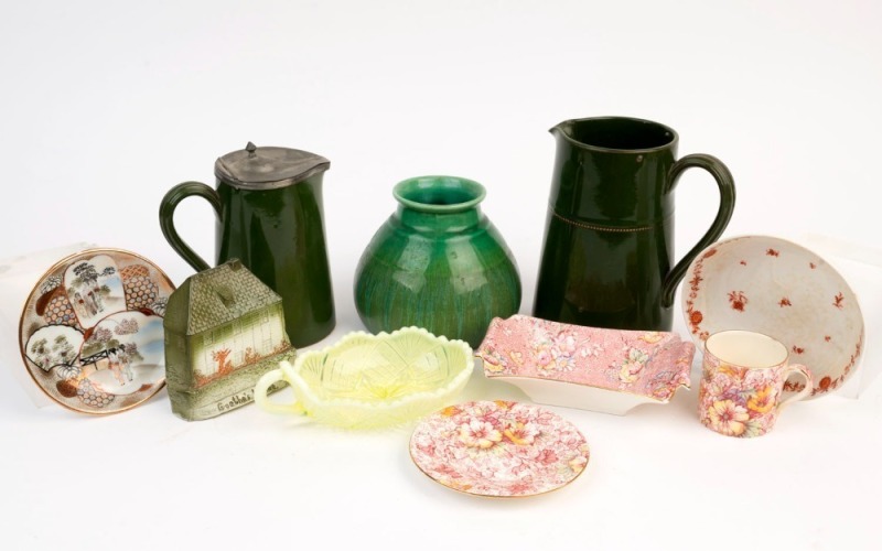 Green pottery jugs, cottage moneybox, green pottery vase, yellow glass dish, and assorted porcelain items, 19th and 20th century, (10 items), ​​​​​​​the largest 16.5cm high