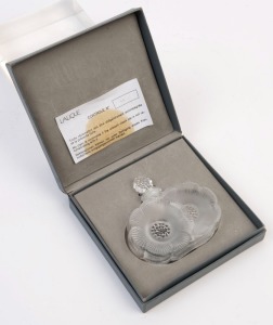 LALIQUE French frosted glass perfume bottles in original box, mid to late 20th century, engraved "Lalique, France", 9cm high, 9cm wide
