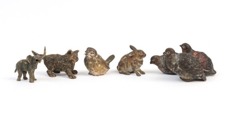 Austrian cold painted bronze pheasant figural group, miniature cat statue, elephant, rabbit and bird statues, 19th/20th century, (5 items), ​​​​​​​the largest 3cm high, 5cm wide