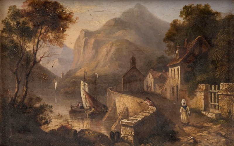 THOMAS SAUTELLE ROBERTS (Irish School, 1764-1826), (attributed), (river village scene), oil on board, ​​​​​​​12.5 x 19.5cm, 25 x 32cm overall