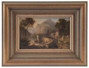 THOMAS SAUTELLE ROBERTS (Irish School, 1764-1826), (attributed), (river village scene), oil on board, ​​​​​​​12.5 x 19.5cm, 25 x 32cm overall - 2