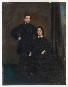 ARTIST UNKNOWN (19th century), hand-painted photographic portrait of a couple, lain on canvas, ​​​​​​​60 x 46cm overall