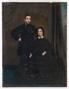 ARTIST UNKNOWN (19th century), hand-painted photographic portrait of a couple, lain on canvas, 60 x 46cm overall