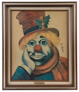 RED SKELTON (American), I.) Holy Clown, II.) Clown With Candycane, ​​​​​​​oleographs, 50 x 40cm, 64 x 53cm overall each