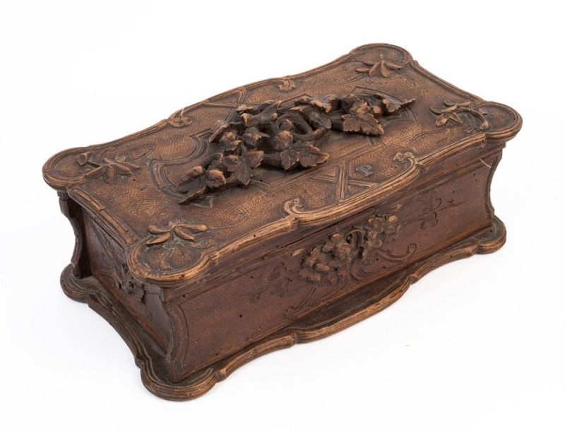 BLACK FOREST carved timber jewellery box. 19th century, 11cm high, 27cm wide, 15cm deep