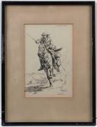 Three framed artworks, 20th century, I.) F.A. STEWART (New Zealand), A Cavalry Officer, Macedonia, ink, signed and dated 1918, 20 x 13cm, II.) ERIC BRITTAIN, landscape, watercolour, signed lower right, 12 x 18cm, ​​​​​​​III.) ARTIST UNKNOWN farm scene lan - 3