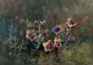 MARGARET OLROG STODDART (New Zealand, 1865-1934), (flowers in landscape), watercolour, signed lower right "M.O. Stoddart, 1899", 24 x 34cm, 41 x 48cm overall