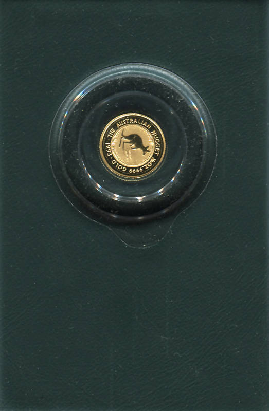 Group with 1993 1/20th oz. $5 GOLD nugget coin; 1999 Millennium $10 proof, "The Past" (box bumped); 1oz Silver Kookaburras 1999/2000 $1.00 Unc. cased pair (no cert.) and 2001 Federation Star privy, cased with certificate.  