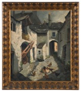 ARTIST UNKNOWN (French school), (farm courtyard), oil on board, ​​​​​​​remains of gallery label verso (illegible), 49 x 42cm, 61 x 53cm overall - 2