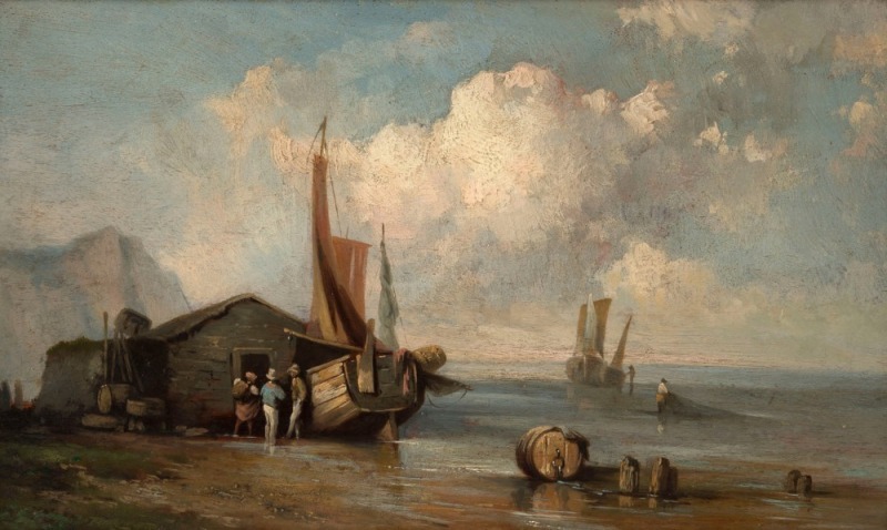 ARTIST UNKNOWN (British school, 18th/19th century, (fishing boat on the hard), oil on board, ​​​​​​​20 x 33cm, 46 x 59cm overall