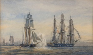 IRWIN JOHN DAVID BEVAN (Britain, 1852-1940), HMS Milbrook engaging French Frigate Bellone off Oporto, watercolour, signed lower left, 24 x 40cm, 39 x 54cm overall