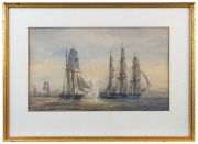 IRWIN JOHN DAVID BEVAN (Britain, 1852-1940), HMS Milbrook engaging French Frigate Bellone off Oporto, watercolour, signed lower left, ​​​​​​​24 x 40cm, 39 x 54cm overall - 2