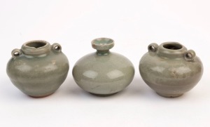 Three antique Chinese celadon porcelain pots, Sung Dynasty, 13th/14th century, the largest 6cm high
