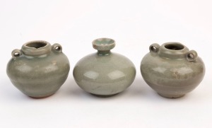 Three antique Chinese celadon porcelain pots, Sung Dynasty, 13th/14th century, ​​​​​​​the largest 6cm high