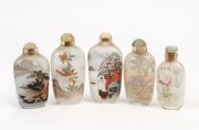 Five Chinese glass scent bottles with internal hand-painted decoration and jade stoppers, 19th/20th century, ​​​​​​​the largest 8cm high