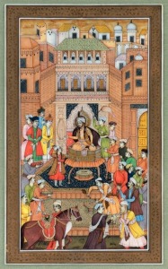 An Indo-Persian court scene, hand-painted on ivory, 20th century, 17.5 x 10.5cm, 29 x 21cxm overall
