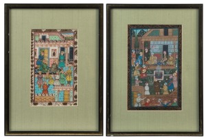 Two Indo-Persian court scene paintings, early to mid 20th century, the larger 25 x 15cm, 39 x 28cm overall