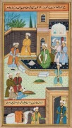 Indo-Persian court scene manuscript page painting, 19th/20th century, 22 x 12.5cm, 38 x 27.5cm overall