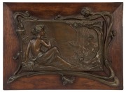 A pair of French Art Nouveau spelter wall plaques mounted on oak panels, circa 1895, 29 x 39cm each overall - 2