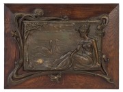 A pair of French Art Nouveau spelter wall plaques mounted on oak panels, circa 1895, 29 x 39cm each overall - 3