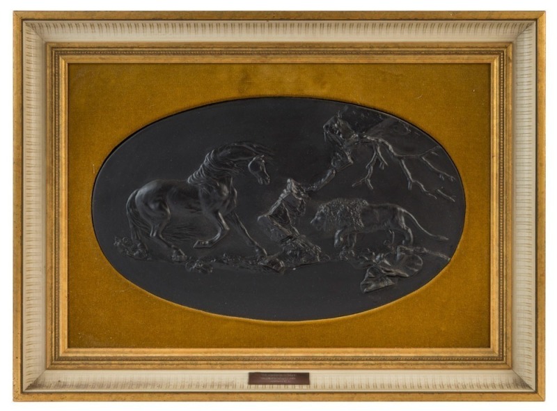 WEDGWOOD "THE FRIGHTENED HORSE" modeled by George Stubbs (1724-1806), black basalt porcelain oval plaque, Limited edition 31/250, framed and mounted with name plaque, the plaque 24 x 39.5cm, 41 x 55cm overall