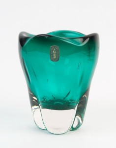 WHITEFRIARS English vintage green glass vase with original label, circa 1960s, 14cm high