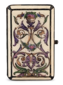 An Austrian silver enamelled cigarette case with lovely decorations, cabochon ruby to clasp, monogrammed "CB" to underside; fully hallmarked, circa 1900, 8 x 5cm, 80 grams.