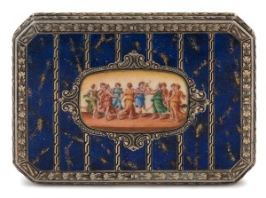 A Continental silver and enamelled box; marked "800", with lovely Greco-Roman dance scene adorning the upper panel, late 19th century, 8cm wide, 82 grams.
