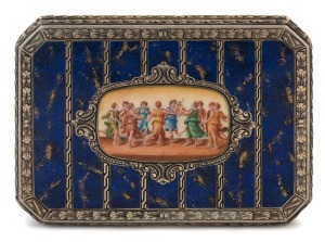 A Continental silver and enamelled box; marked "800", with lovely Greco-Roman dance scene adorning the upper panel, late 19th century, 8cm wide, 82 grams.