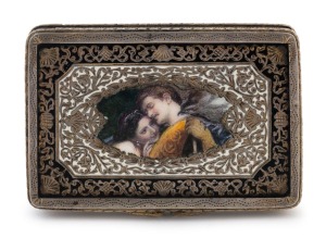 A Continental silver enamelled box with a scene depicting lovers adorning the upper panel, marked "800", late 19th century, 7.5cm wide. 73 grams.