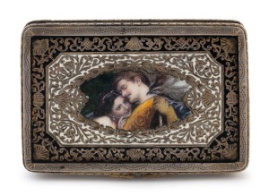 A Continental silver enamelled box with a scene depicting lovers adorning the upper panel, marked "800", late 19th century, 7.5cm wide. 73 grams.