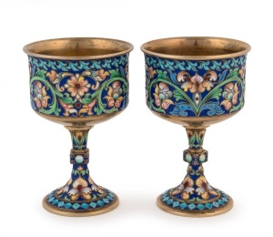 A beautiful pair of Imperial Russian gilded silver and cloisonne enamel goblets, circa 1908, by Maria Wasiliewna Semenova (who was working in Moscow from about 1890). Hallmarked Moscow (kokoshnik) 84, and "MC" (Maria Semenova). ​​​​​​​9.5cm high. 230 gram