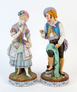 A pair of Continental bisque porcelain statues with hand-painted polychrome finish, 19th century, A/F, the larger 43cm high