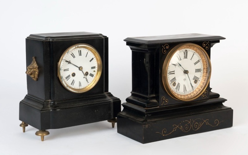 An antique French mantel clock in black metal case with 8 day time and strike movement and Roman numerals, late 19th century, together with an ANSONIA antique American mantel clock in black metal case with time and strike movement and Roman numerals, late