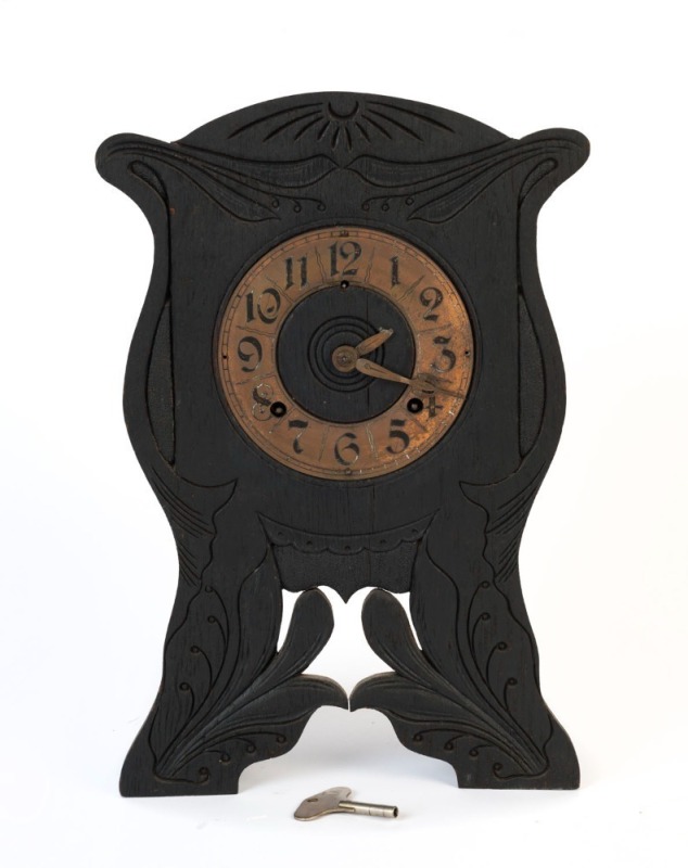 GILBERT American Art Nouveau oak cased mantel clock with 8 day time and strike movement, circa 1905, ​​​​​​​42cm high