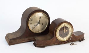 Two oak cased mantel clocks, both with time and strike movements, early to mid 20th century, ​​​​​​​the larger 23cm high, 43cm wide