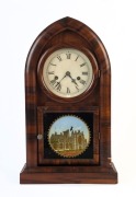 JEROME "Round Gothic" American beehive shelf clock in walnut case with hand-painted glass door with scene of Melrose Abbey, time and strike movement and Roman numerals, 19th century, remains of original label inside the door, 49cm high 