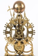 An antique English scroll and steeple framed skeleton clock with single train chain fusee movement with single passing strike on a bell on the hour, housed in glass dome, 19th century, 41cm high - 2