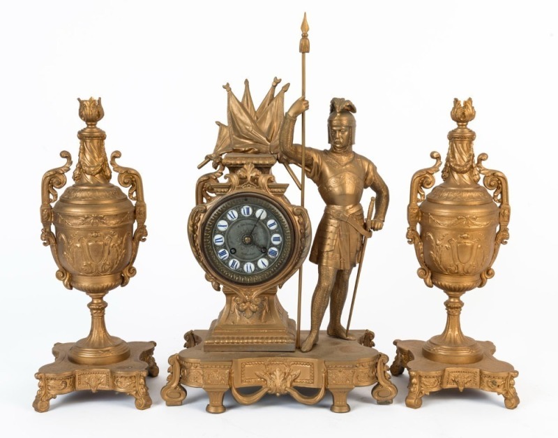 An antique French three piece figural clock set in ornate gilt metal case with time and strike movement and enamel Roman numerals, 19th century, ​​​​​​​47cm high