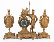 An antique French three piece figural clock set in ornate gilt metal case with time and strike movement and enamel Roman numerals, 19th century, ​​​​​​​47cm high