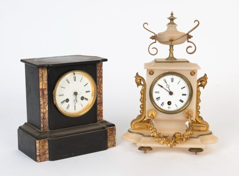 Two antique French mantel clocks, one black slate and rouge marble with time and strike movement, (case A/F); together with an alabaster and gilt metal timepiece only example, 19th century, 20.5cm and 31cm high