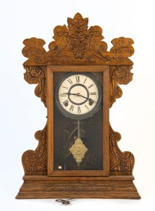 SESSIONS American cottage clock with pressed oak case, 8 day time and strike movement and Roman numerals, early 20th century, ​​​​​​​58cm high