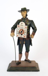 A German green painted cast metal figural clock, 20th century, 39cm high