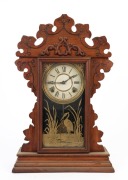 WELCH American mantel clock in timber case with 8 day time and strike movement, Roman numerals and gilt decorated glass door adorned with crane and bulrushes, 19th century, ​​​​​​​88cm high