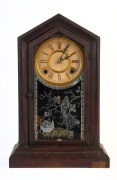 ANSONIA "SPARTAN" American mantel clock in walnut case with 8 day time and strike movement and Roman numerals, 19th century, remains of original paper label, 45.5cm high